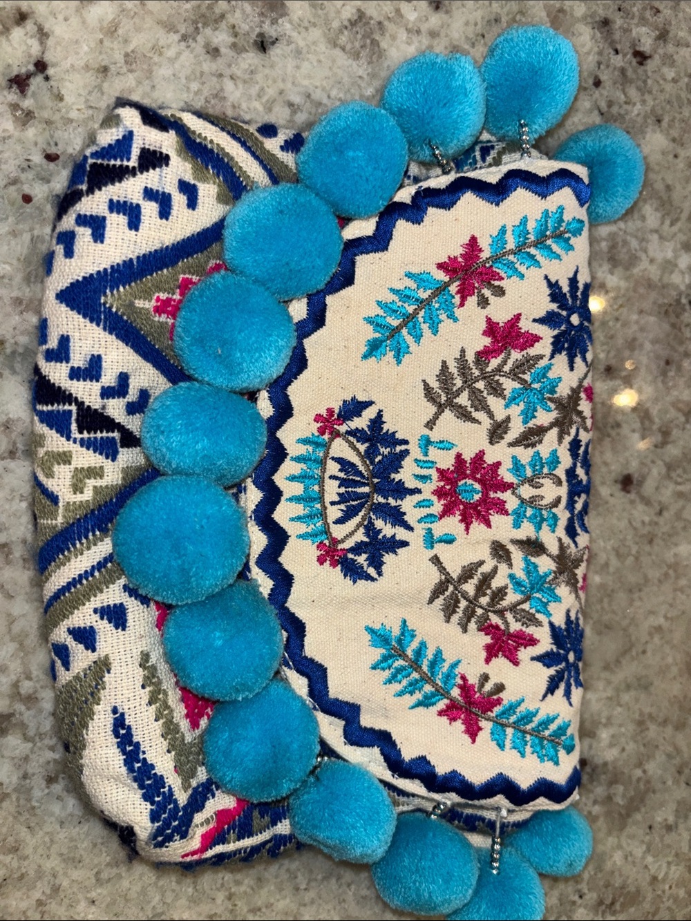 Paper Source Embroidered Pom-Pom Wristlet Clutch in Turquoise, Navy & Cream